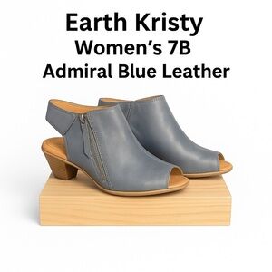 Earth Kristy Women's Admiral Blue Leather Heel Side Zip Bootie Peep Toe Sz 7B